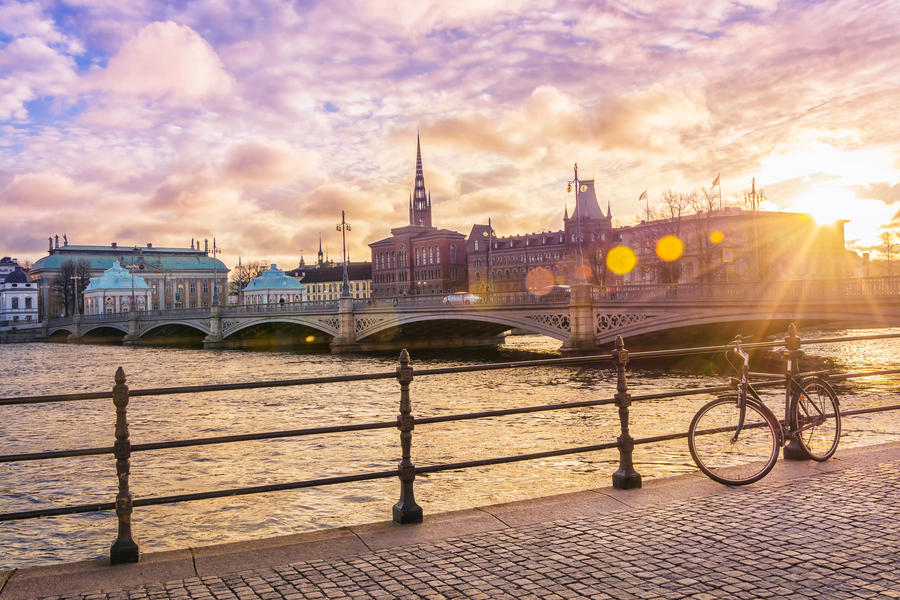 Picturesque panoramic view of Riddarholmen Island at sunset in Stockholm, the capital of Sweden