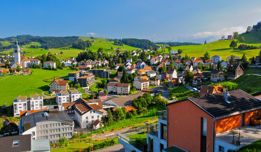 A beautiful village nested in the hills of Appenzellerland, Canton Appenzell, Switzerland
