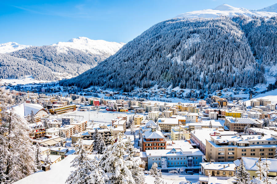 Scenery of famous ice skating in  winter resort Davos, Switzerland.