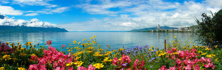 Panoramic view of Montreux and Lake Geneva, Switzerland.