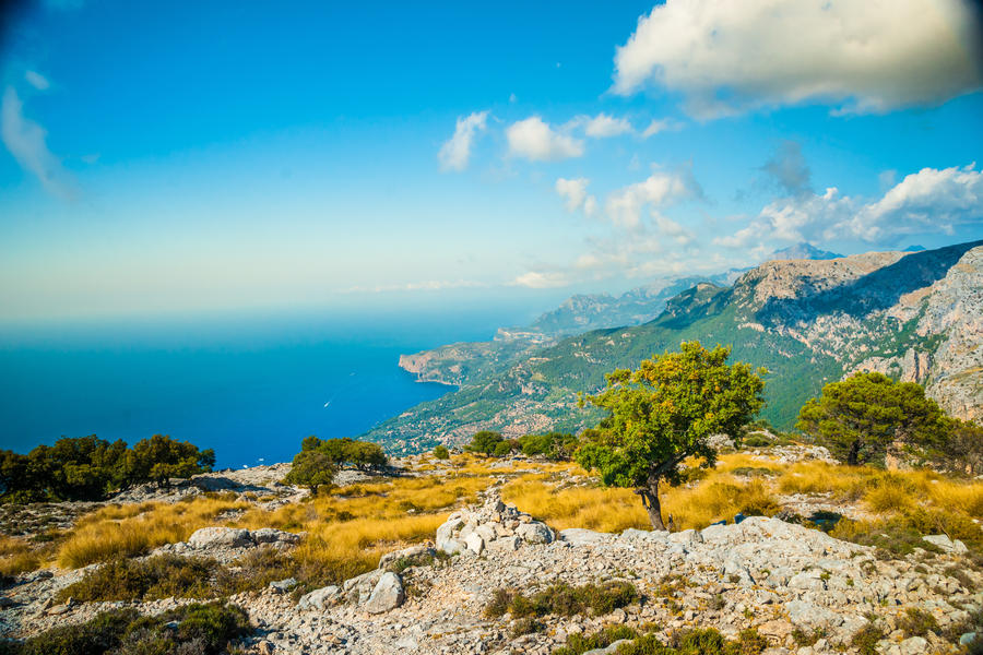 Beautiful landscape with a lane between rocky mountains on the western part of Mallorca island, Spain.  Tramuntana mountains with green bushes. Tourist trekking destination in Spain.