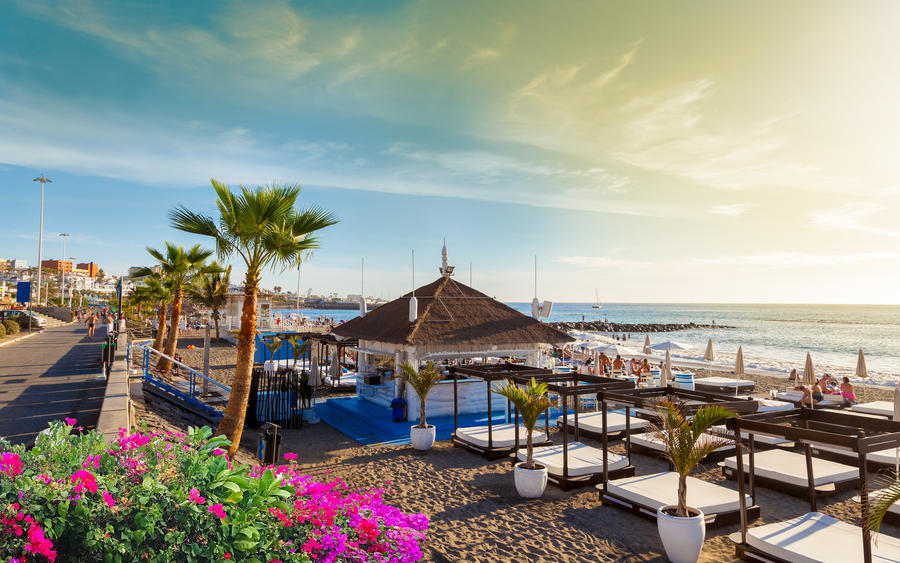 Beautiful view over Fanabe beach at sunset, in Tenerife, Canary island