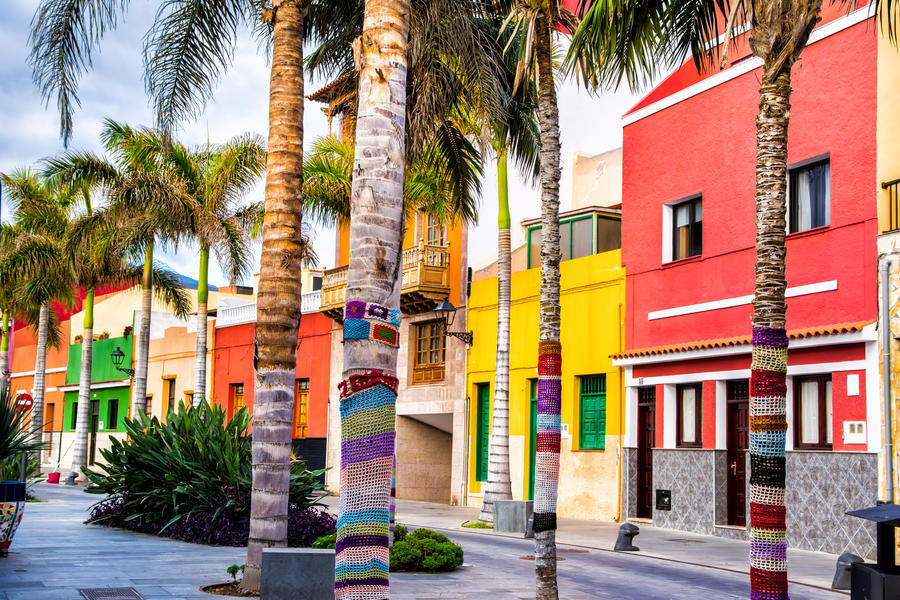 Colourful houses and palm trees on street in Puerto de la Cruz town, Tenerife, Canary Islands, Spain