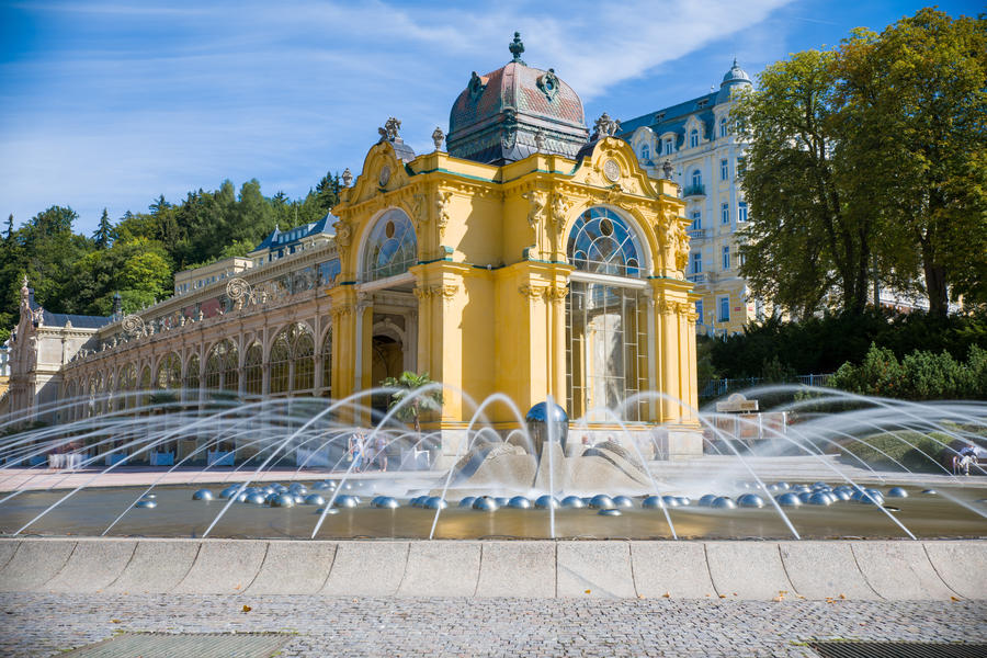 Main colonnade and Singing fountain in Marianske Lazne (Marienbad) - great famous Bohemian spa town in the west part of the Czech Republic (region Karlovy Vary)