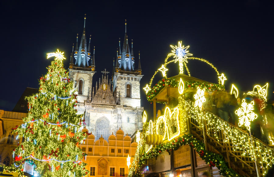 Christmas market in Prague at evening, Czech republic