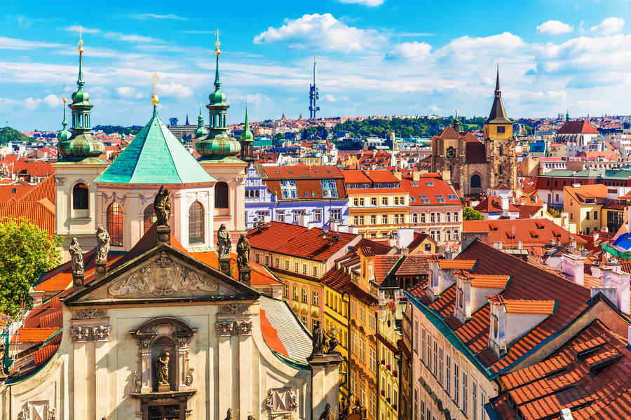 Scenic summer aerial panorama of the Old Town architecture in Prague, Czech Republic