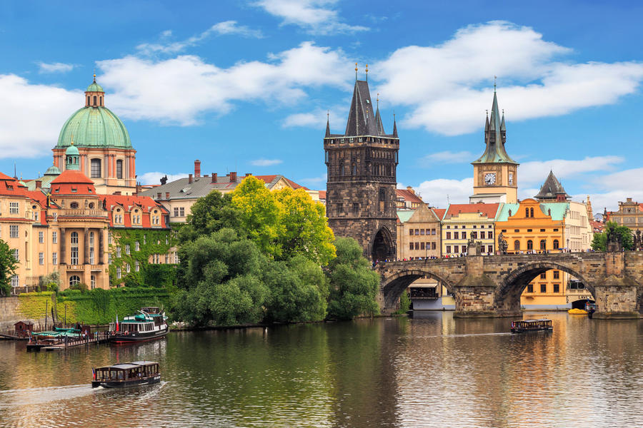 PRAGUE, CZECH REPUBLIC. View of the Vltava river , buildings and The Charles Bridge