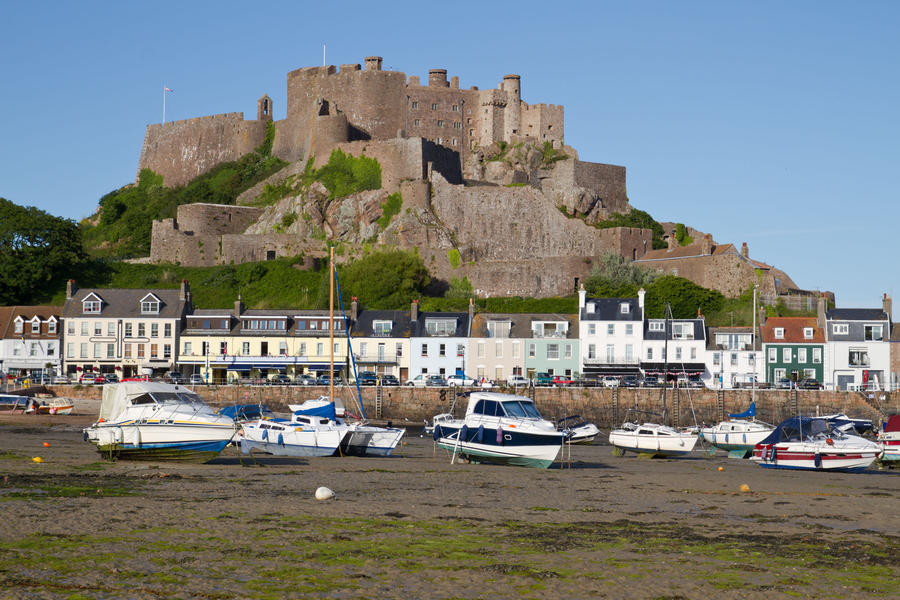 The small town of Gorey with Mont Orgueil Castle, Jersey, UK