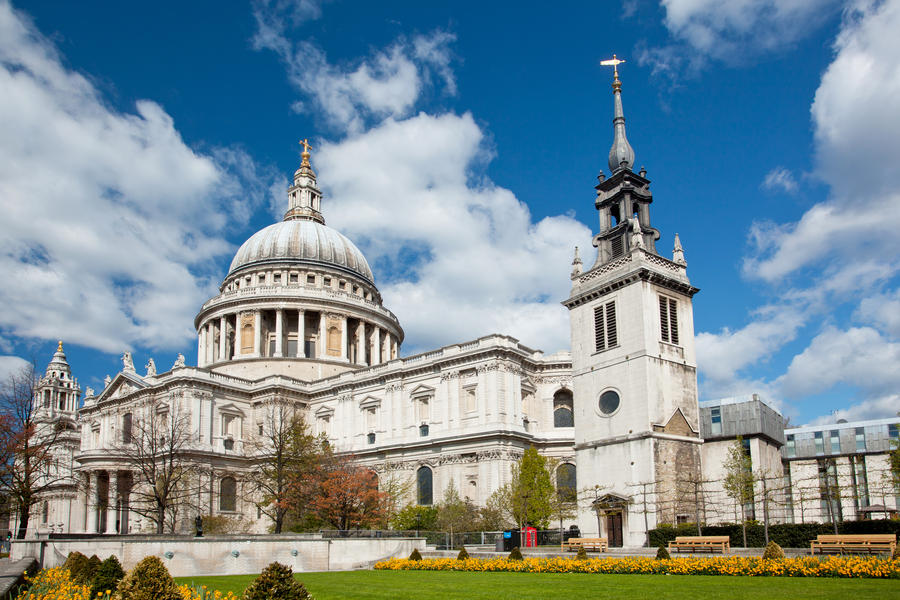 St. Paul Cathedral with garden in London England United Kingdom