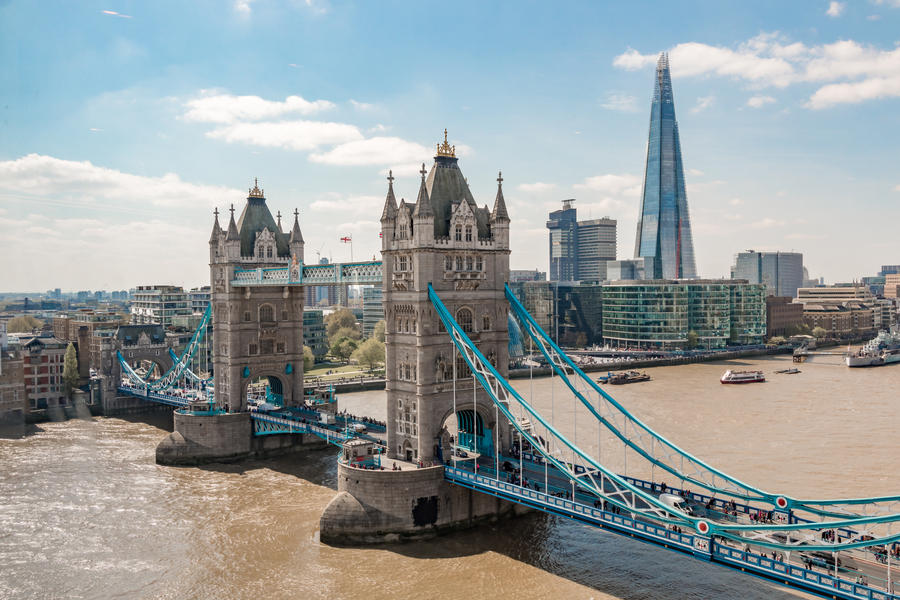 Sunny summer's day in London. Overlooking Tower Bridge, The Shard and The Thames. There's nowhere better than London in the sun!