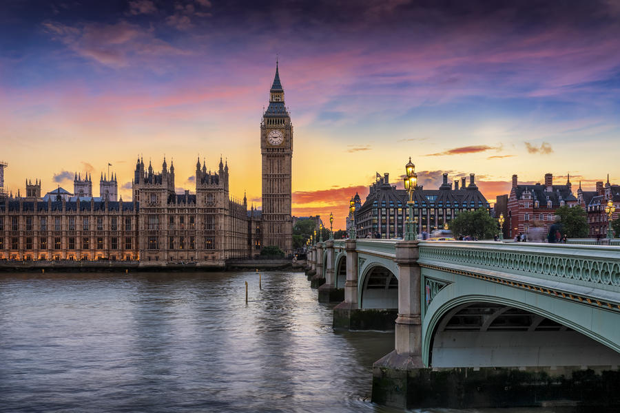 Westminster and the Big Ben just after sunset in London, United Kingdom