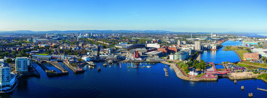 Aerial view of Cardiff Bay, the Capital of Wales, UK 2019 on a clear sky summer day