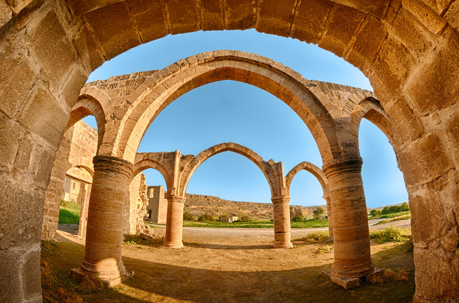 Arch and columns at Agios Sozomenos temple. Nicosia district. Cyprus