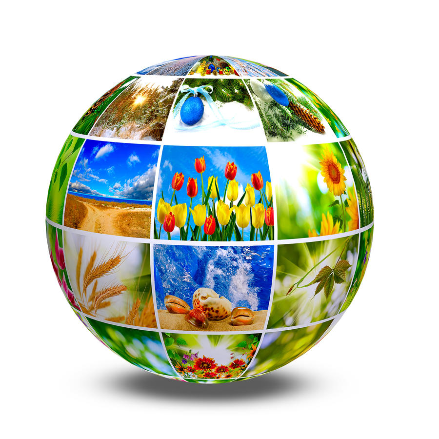 image of the globe made up of various photographs of nature on a green background