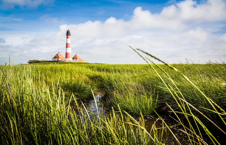 Beautiful view of landscape with small pond and lighthouse in the background at North Sea in Nordfriesland, Schleswig-Holstein, Germany