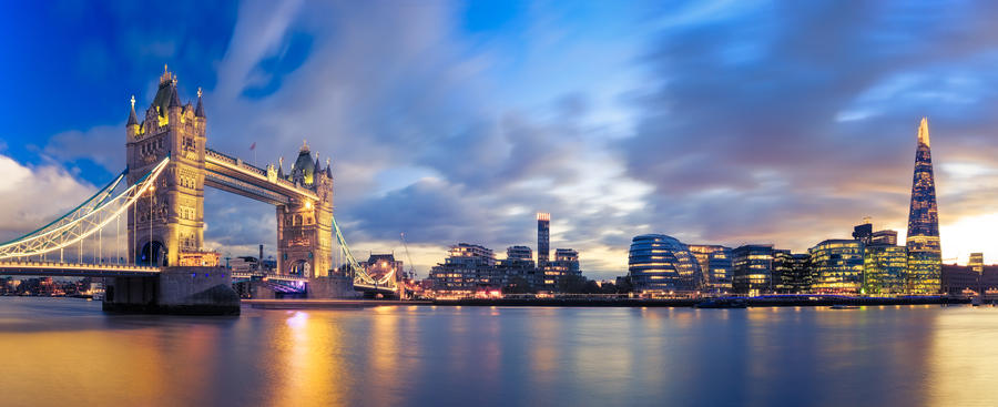 Panorama of Tower Bridge at Sunset in London, Uk.