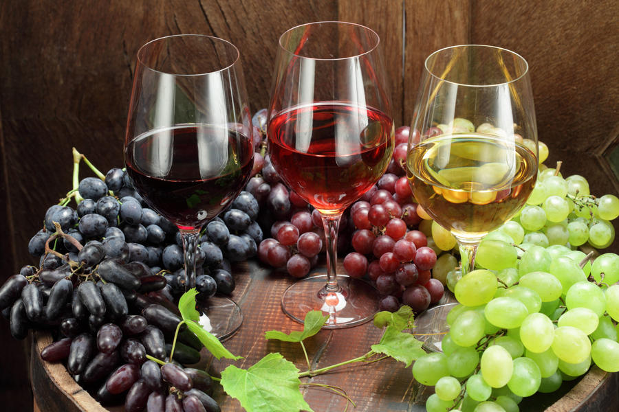 Red wine glass, rose wine glass, white wine glass, red wine grapes, white wine grapes, wine barrel