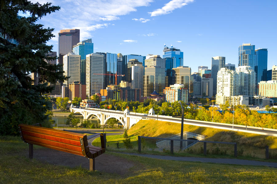 Park bench overlooking Skyscrapers of Calgary, Alberta, Canada