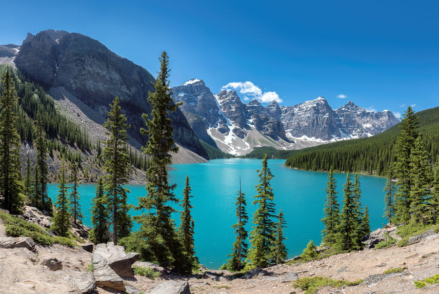 Moraine Lake is a glacially-fed lake in Banff National Park Alberta, Canada