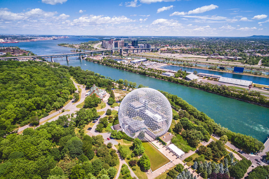 Montreal, Canada - July 3, 2016: Aerial view of the Montreal Biosphere and Jacques Cartier bridge in Montreal, Q, Canada.