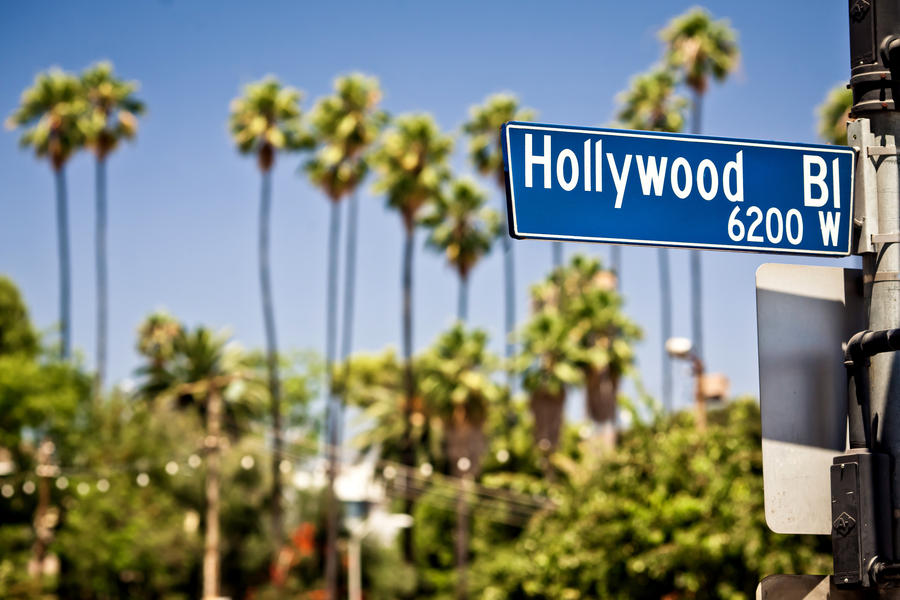 Hollywood boulevard sign, with palm trees in the background