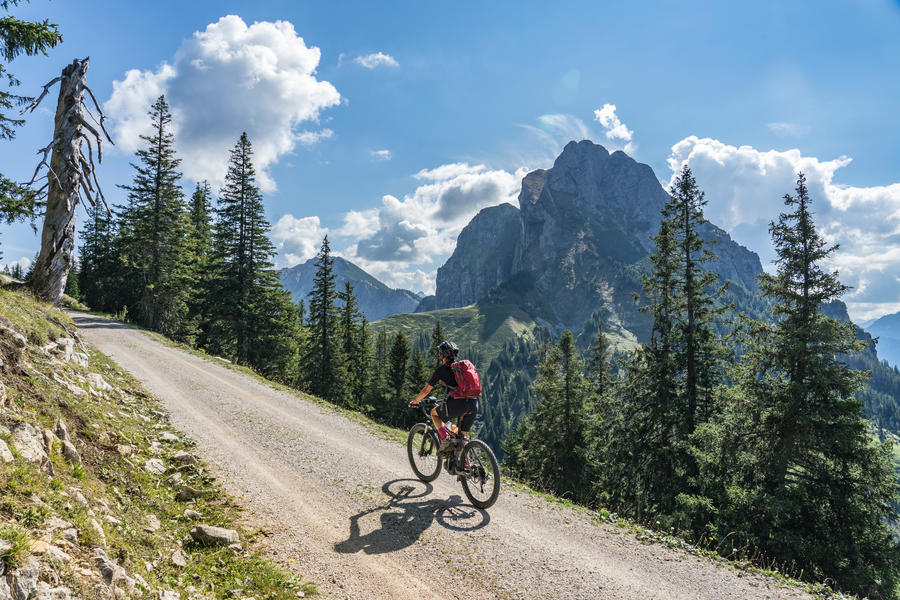 nice and active senior woman, riding her e-mountainbike in the Tannheim valley, Tirol, Austria with the village of Tannheim and famous summits Gimpel and Rote Flueh
