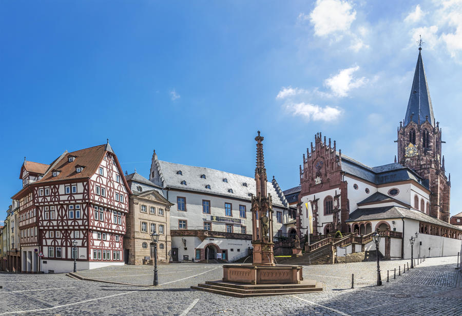 famous old Stifts Basilika in Aschaffenburg, Bavaria, Germany at Stiftskirchenplatz