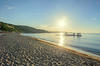 Beach of Black Sea from Albena, Bulgaria with golden sands, blue clear water, sunrise.