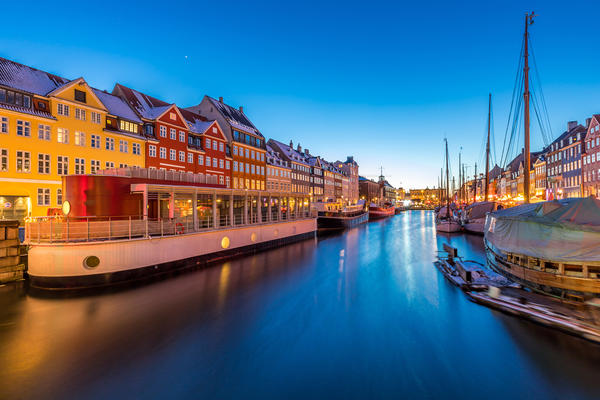 Copenhagen Nyhavn, New port of Copenhagen, sunset in Denmark