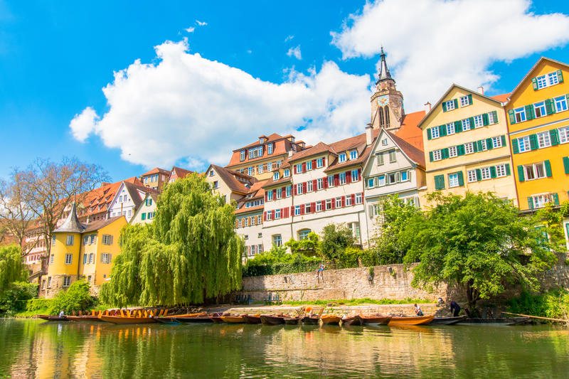 Tuebingen in the Stuttgart city ,Germany
Colorful house in riverside and blue sky. Beautiful old city in Europe.Boats wooden moored at dock