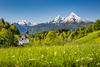 Beautiful mountain landscape in the Bavarian Alps with pilgrimage church of Maria Gern and Watzmann massif in the background, Nationalpark Berchtesgadener Land, Bavaria, Germany