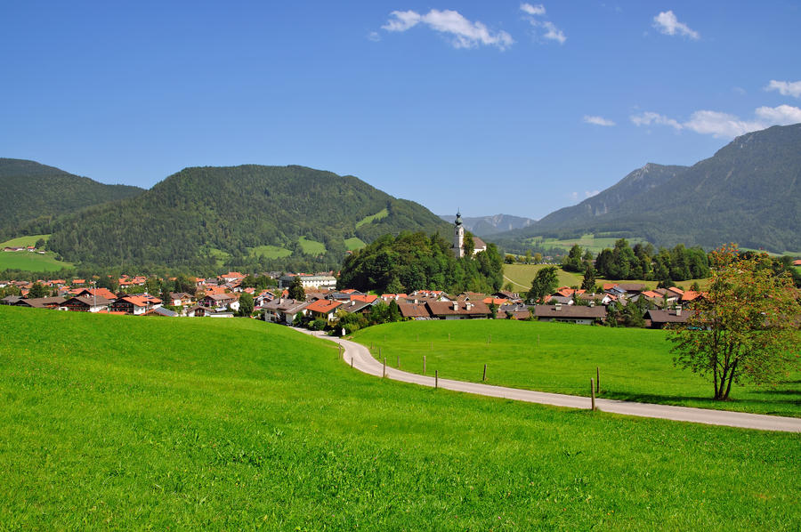 Beautiful mountain landscape in the Bavarian Alps with pilgrimage church of Maria Gern and Watzmann massif in the background, Nationalpark Berchtesgadener Land, Bavaria, Germany
