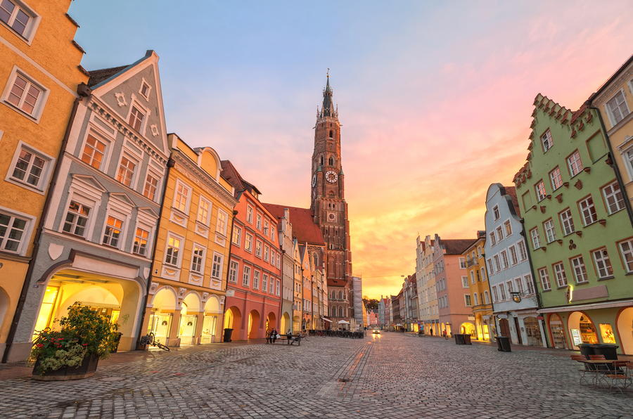 Sunset in an old gothic german town Landshut by Munich, Bavaria