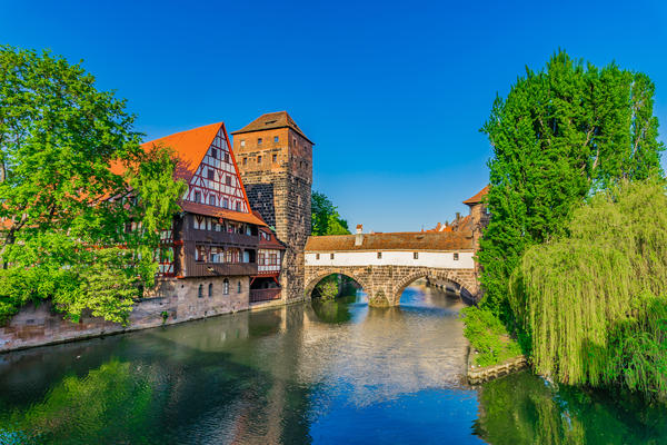 Nuremberg Germany, historical old town with view of Weinstadel, bridge and Henkerturm tower, Nurnberg middle Franconia.