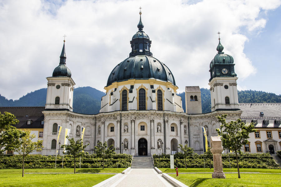 Main facade of Ettal Abbey (Kloster Ettal), a Benedictine monastery in the village of Ettal, Bavaria, Germany.