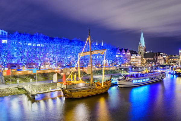 Christmas market illumination at the riverside in Bremen, Germany