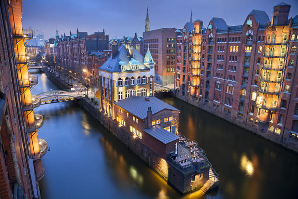 Hamburg- Speicherstadt. Image of Hamburg- Speicherstadt during twilight blue hour.