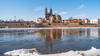 Magdeburg downtown during ice drift at Elbe, Germany, Spring