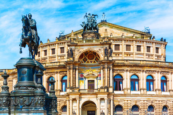 Scenic summer view of Semper Opera House and Monument to King John in Dresden, Saxony, Germany