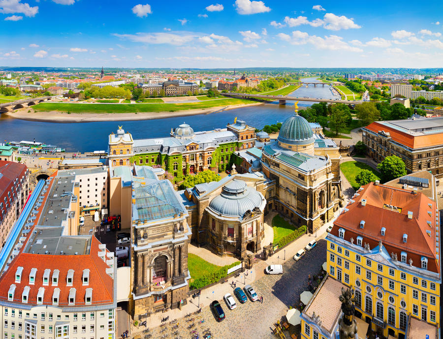 View from Church of Our Lady (Frauenkirche) of the Elbe river and Dresden town. Sunny spring scene in Saxony, Germany, Europe. Artistic style post processed photo.