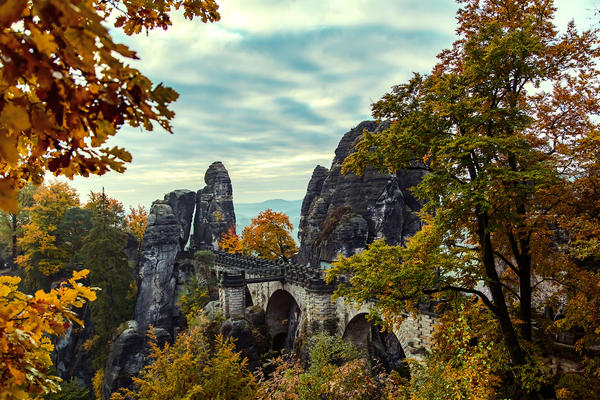 Bridge named Bastei in Saxon Switzerland,  the mist over the river Elbe, National park Saxon Switzerland..