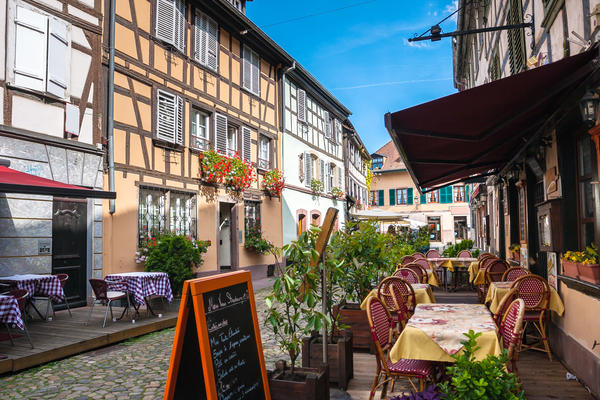 Cafes in Petite-France in Strasbourg. Petite-France is an historic area in the center of Strasbourg, France