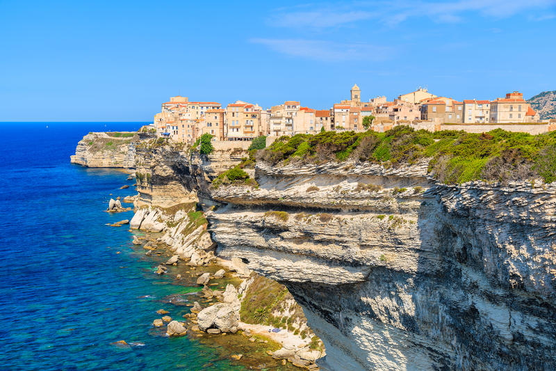 View of Bonifacio old town built on top of cliff rocks, Corsica island, France