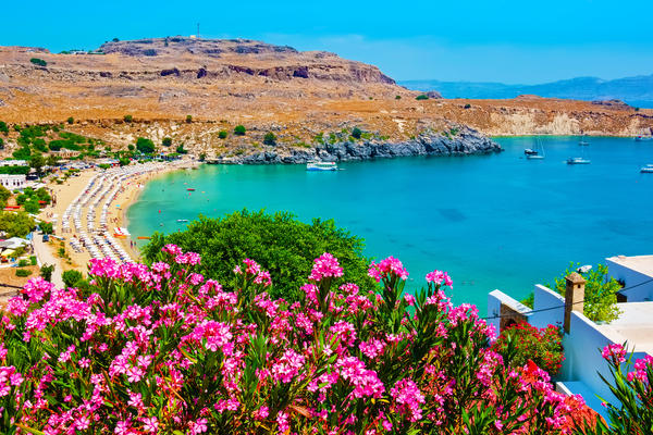 View of Lindos Bay. Lindos, Rhodes, Dodecanese Islands, Greece, Europe