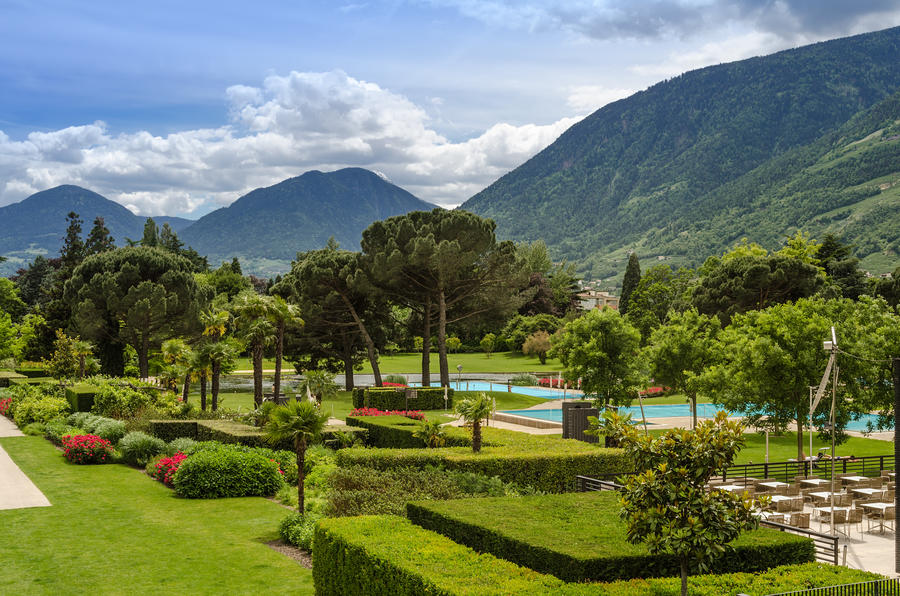 Gardens and Thermal Baths of Merano in the alps in spring.