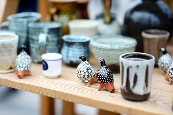 Ceramic dishes, tableware and jugs sold on Easter market in Vilnius. Lithuanian capital's annual traditional crafts fair is held every March on Old Town streets.