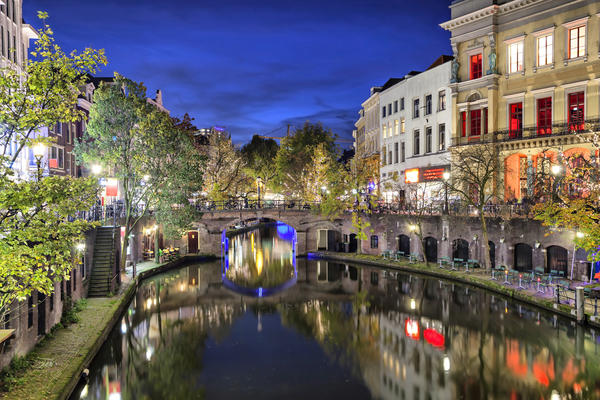 Bridge across canal in the historic center of Utrecht in the evening, Netherlands