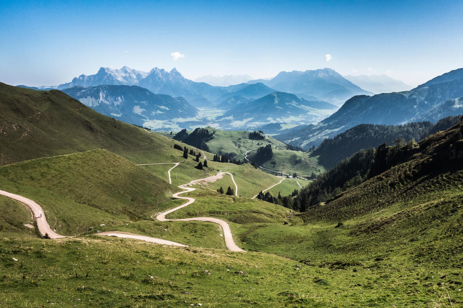 panoramic landscape with small mountain pass road to the Kitzbuehler Horn, Tiro,Austria,Europe