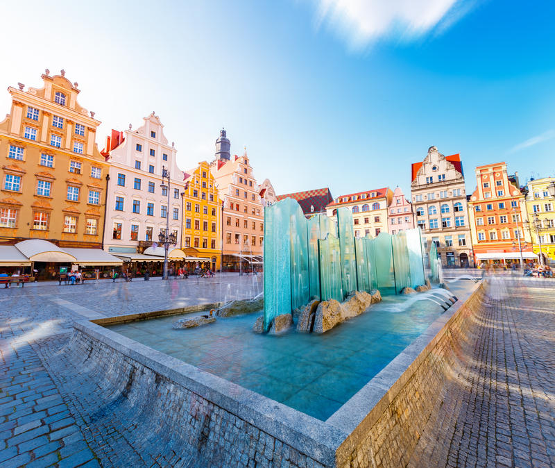 Fantastic view of the ancient homes on a sunny day. Gorgeous and picturesque scene. Location famous Market Square in Wroclaw, Poland, Europe. Historical capital of Silesia. Beauty world. Soft filter.