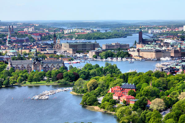 Stockholm, Sweden. Aerial view of famous Gamla Stan (the Old Town) and other islands, canals, landmarks.